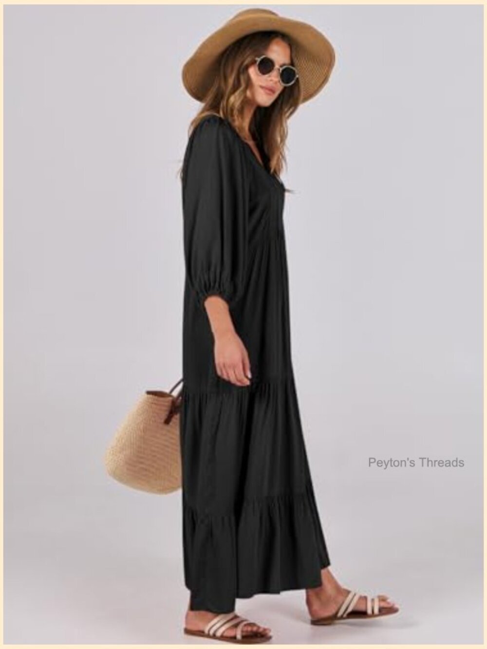Boho Maxi Dress V Neck Puff Sleeve Flowy Swing Casual Long Dress - Picture 4 of 7